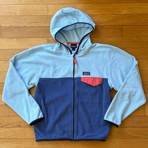 Patagonia Kids 12 L Micro D Snap T Fleece Hoodie Jacket - Light Blue Navy & Pink